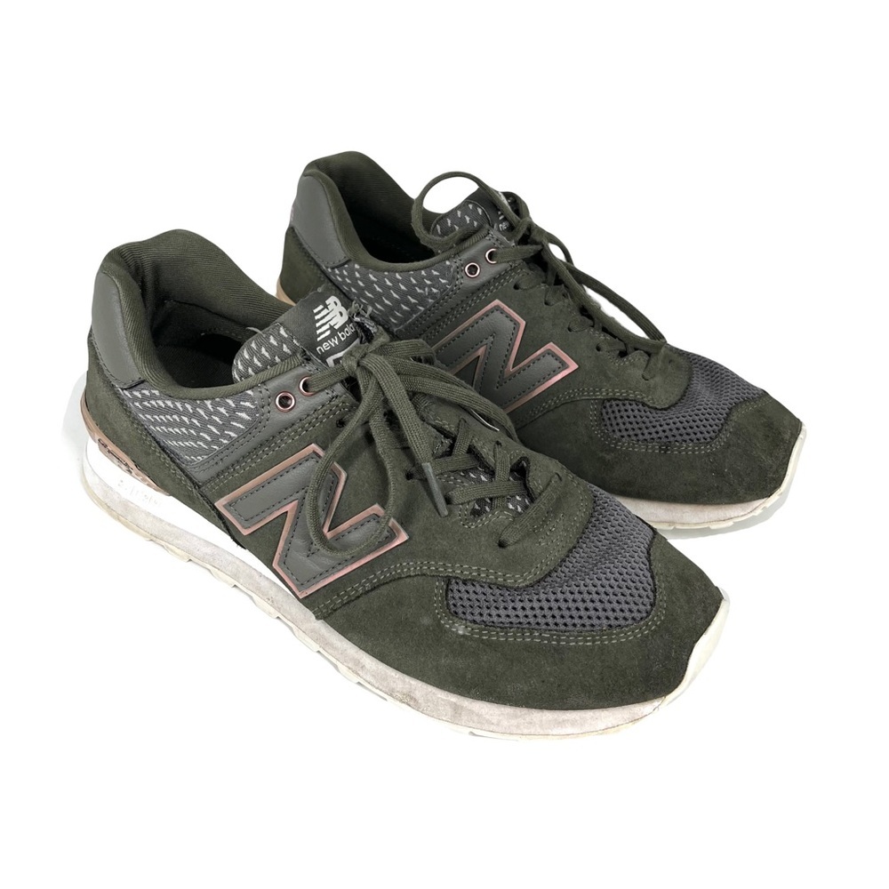 New Balance 574 Military Suede Green and Metallic Rose Gold Pink Womens Size 9.5